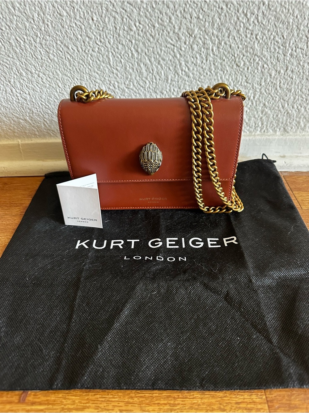 New Kurt Geiger Cognac Leather Shoulder Bag with Gold Chain